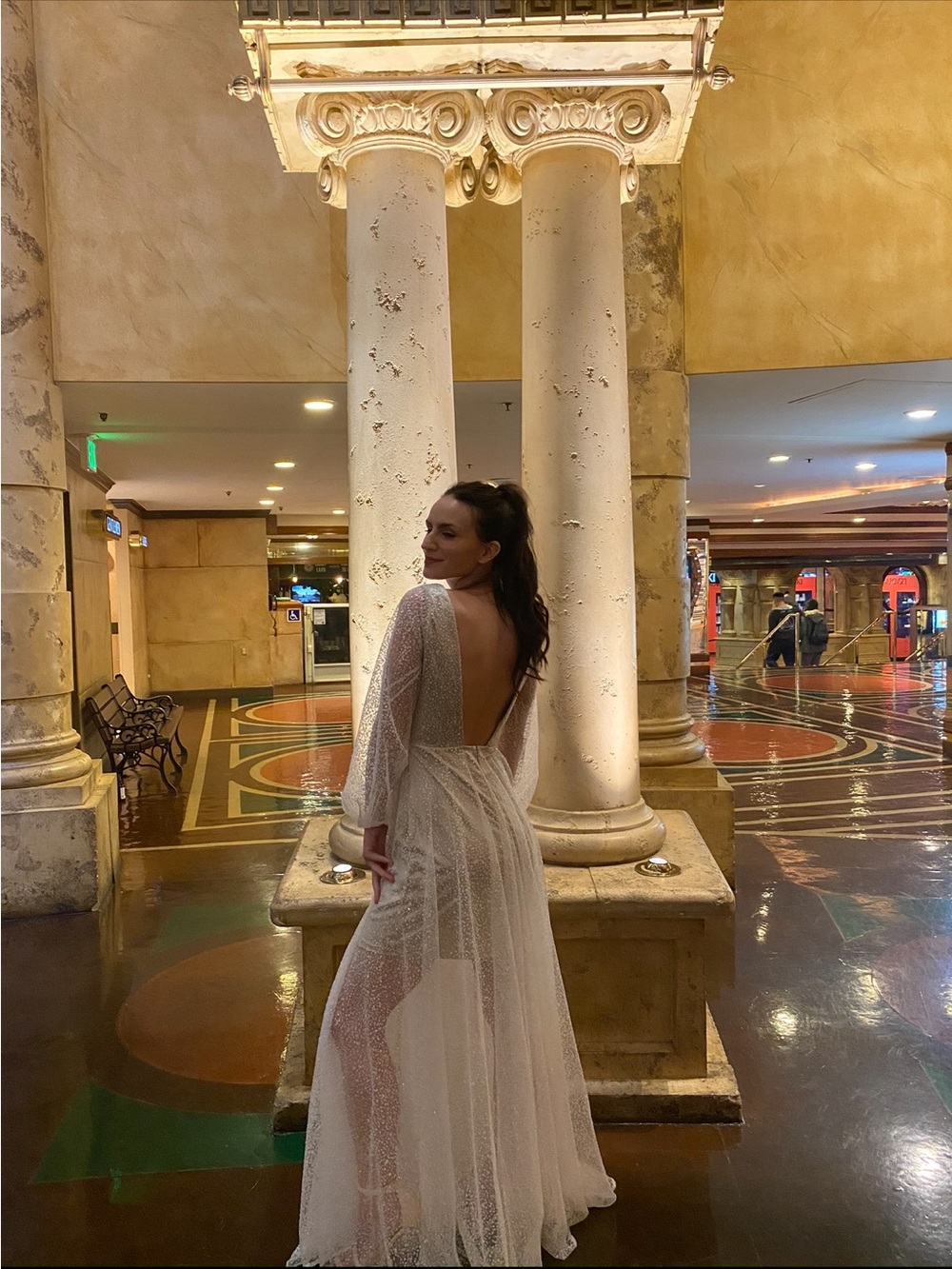 Lulu's Sheer White Open-Back Sparkle Maxi Dress